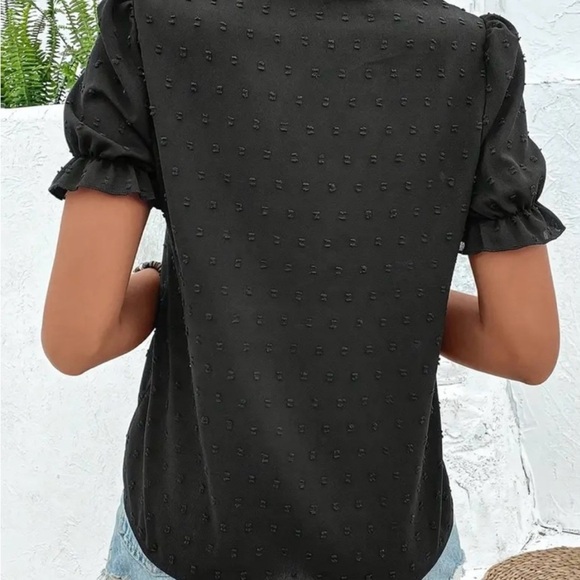 Boho Embroidered Black Puff Sleeve with Ruffled Mandarin Collar - Picture 3 of 12